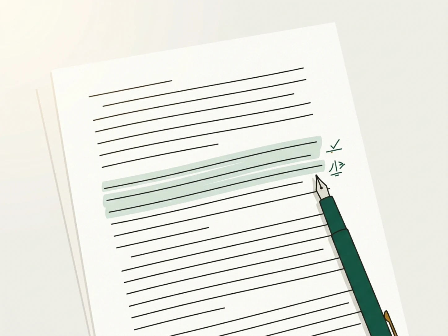 A page of prose seen from above, with one passage marked in pale green and a pen and proofreading marks beside it